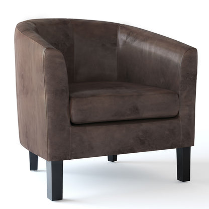 The Austin Handcrafted Tub Chair is a brown leather armchair with a curved backrest, armrests, cushioned seat, and dark wooden legs, shown against a white background.