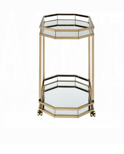 The Lacole Mirror Serving Cart in champagne features a gold frame, two glass tiers, an octagonal shape, and four small caster wheels.