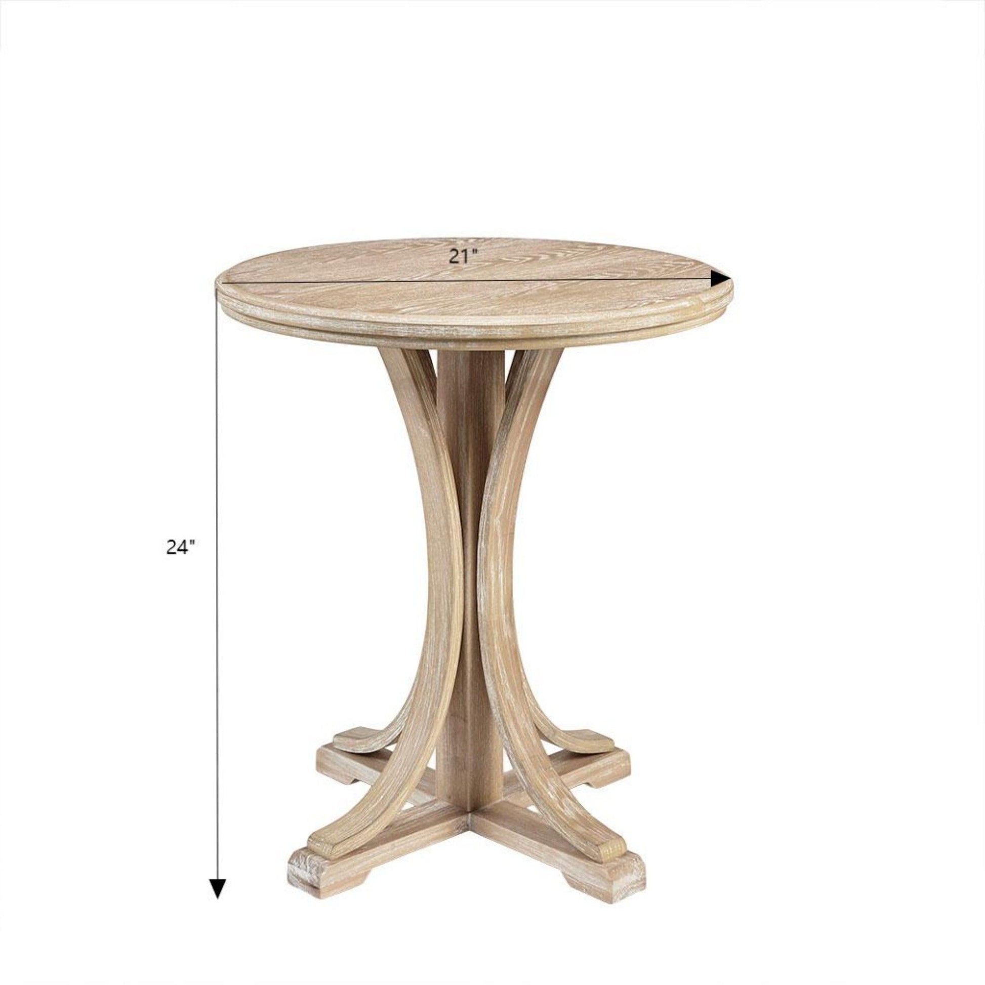 The Accent Table Round Rustic Ash Veneer Reclaimed Wheat - Natural features a 21" diameter round top, stands 24" tall, has a pedestal base, and boasts a light natural finish. All measurements are indicated by black arrows.