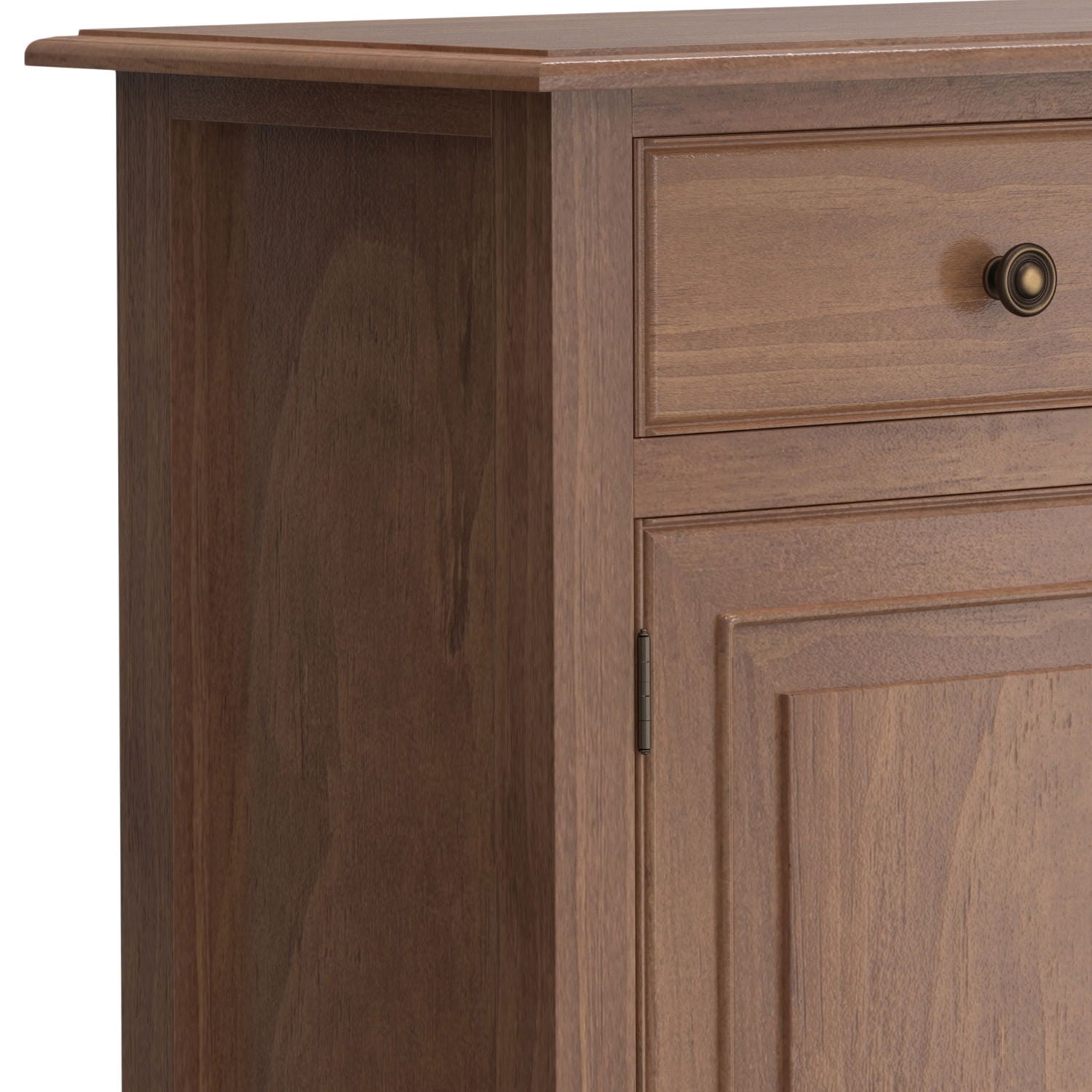 Close-up of the Connaught Entryway Storage Cabinet in Medium Saddle Brown, highlighting the wood grain texture, a drawer with a round metal knob, and the lower cabinet door.