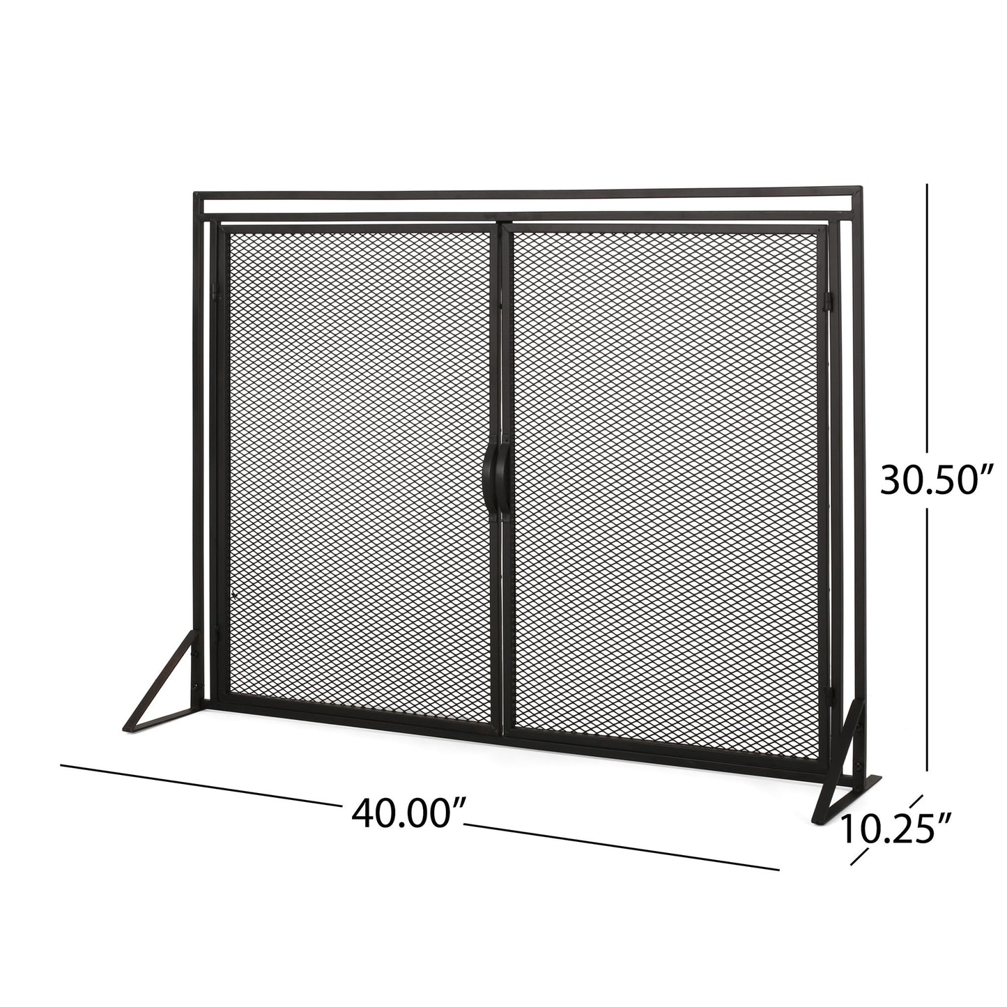 The Samantha Iron Fireplace Screen features a black metal mesh, two-door design with a central handle. Dimensions: 40"W x 30.5"H x 10.25"D.