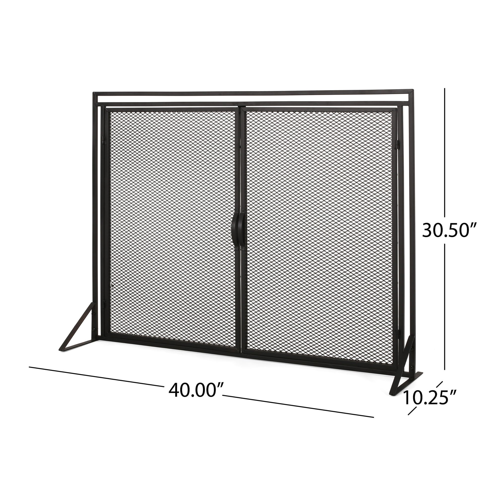 The Samantha Iron Fireplace Screen features a black metal mesh, two-door design with a central handle. Dimensions: 40"W x 30.5"H x 10.25"D.