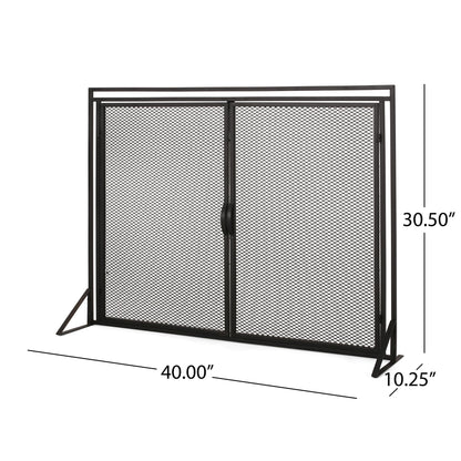 The Samantha Iron Fireplace Screen features a black metal mesh, two-door design with a central handle. Dimensions: 40"W x 30.5"H x 10.25"D.