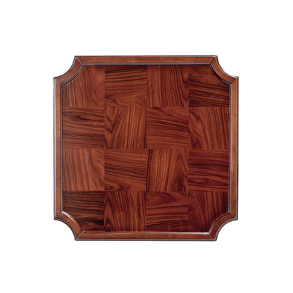 The Mabel Elegant Turned Pedestal Side Table features rich walnut birch with a smooth, rounded pedestal base, shown against a white background.