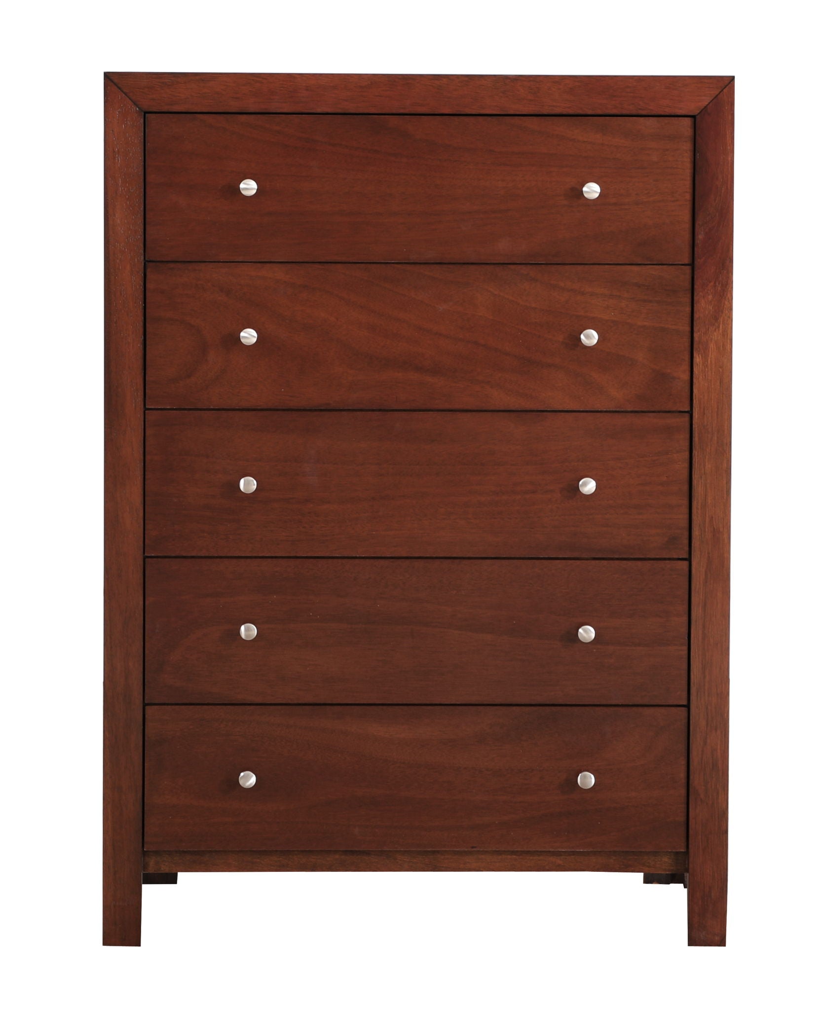 The Modern Elegant Transitional Storage Chest is a tall, rectangular wooden dresser with five drawers, each adorned with two round silver handles and finished in a rich, dark brown color.