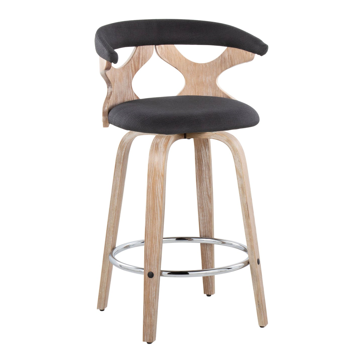 The Gardenia Mid Century Modern Fixed Height Counter Stool (Set of 2) features light wood legs, a chrome footrest, a cushioned dark gray fabric seat and backrest with cutout patterns, and a curved back for comfort.