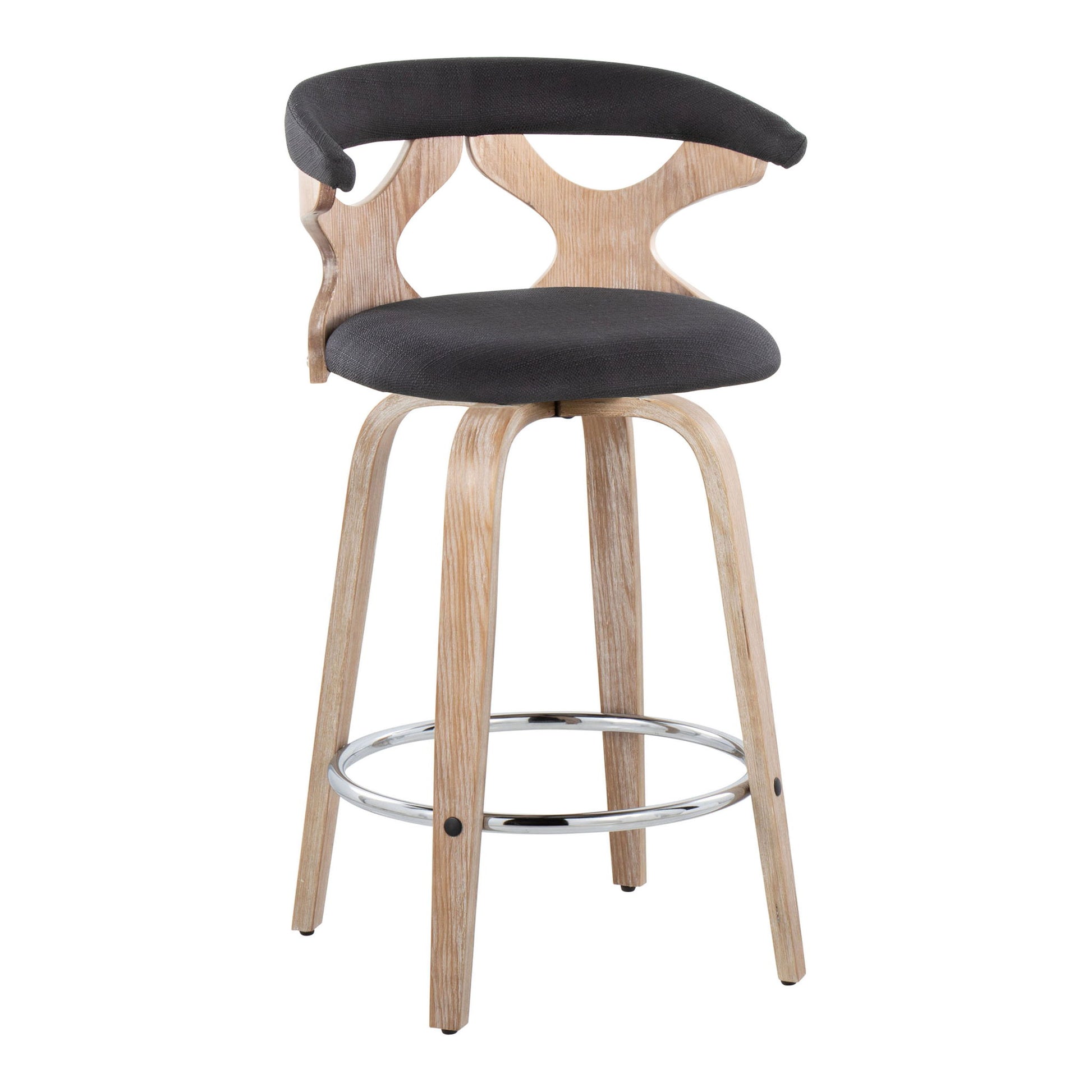 The Gardenia Mid Century Modern Fixed Height Counter Stool (Set of 2) features light wood legs, a chrome footrest, a cushioned dark gray fabric seat and backrest with cutout patterns, and a curved back for comfort.