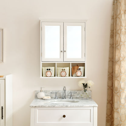 A white bathroom vanity with marble top, sink, and faucet sits below a mirrored medicine cabinet with two doors, adjustable shelves, and three Christmas-style storage baskets. Flowers and soaps decorate the countertop.