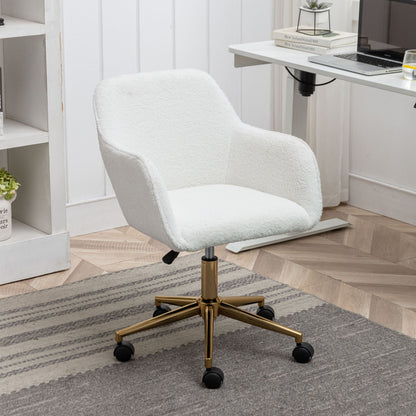 The Modern Adjustable Height 360 Revolving Home Office Chair with metal legs and universal wheels sits on a gray rug near a desk, books, and a small plant in a contemporary home office.