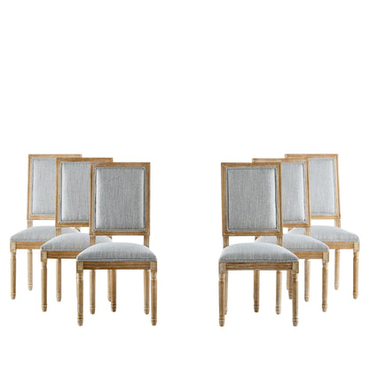 Two sets of three French Country Style Dining Chairs with light gray upholstered seats and fluted legs, arranged in two rows on a white background.