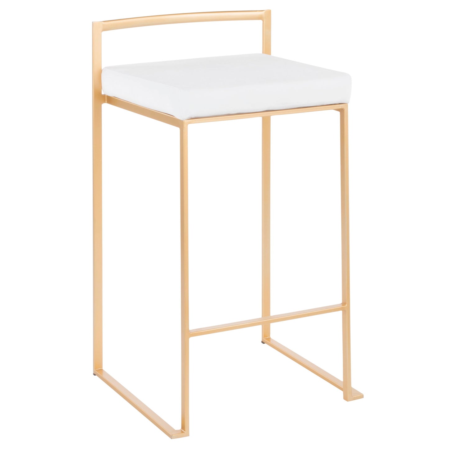 The Fuji Contemporary/Glam Design Counter Stool (Set of 2) features a gold metal frame, white cushioned seat, minimalist design, low straight backrest, and open sides for a modern look.