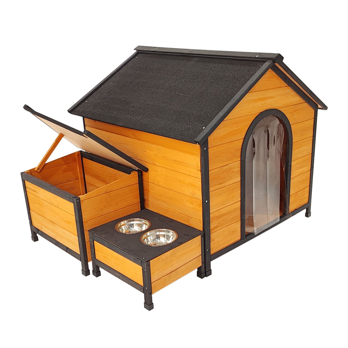 The Xpt088 Wearable And Strong Dog House For Playground - Natural features a wooden build with a black roof, clear plastic flap door, attached storage box, and two metal food bowls set in a front platform.