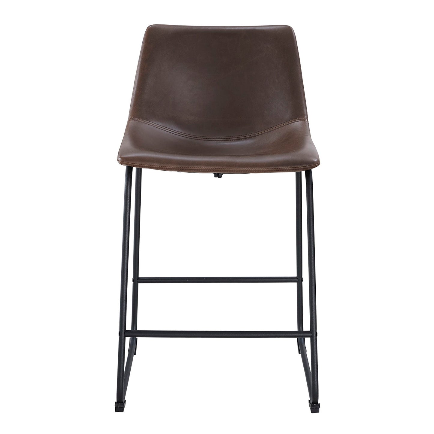 The Industrial Counter Stools (Set of 2) feature brown leather curved seats with backrests, black metal frames with footrests, and sled-style legs, all shown against a plain white background.
