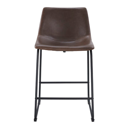 The Industrial Counter Stools (Set of 2) feature brown leather curved seats with backrests, black metal frames with footrests, and sled-style legs, all shown against a plain white background.