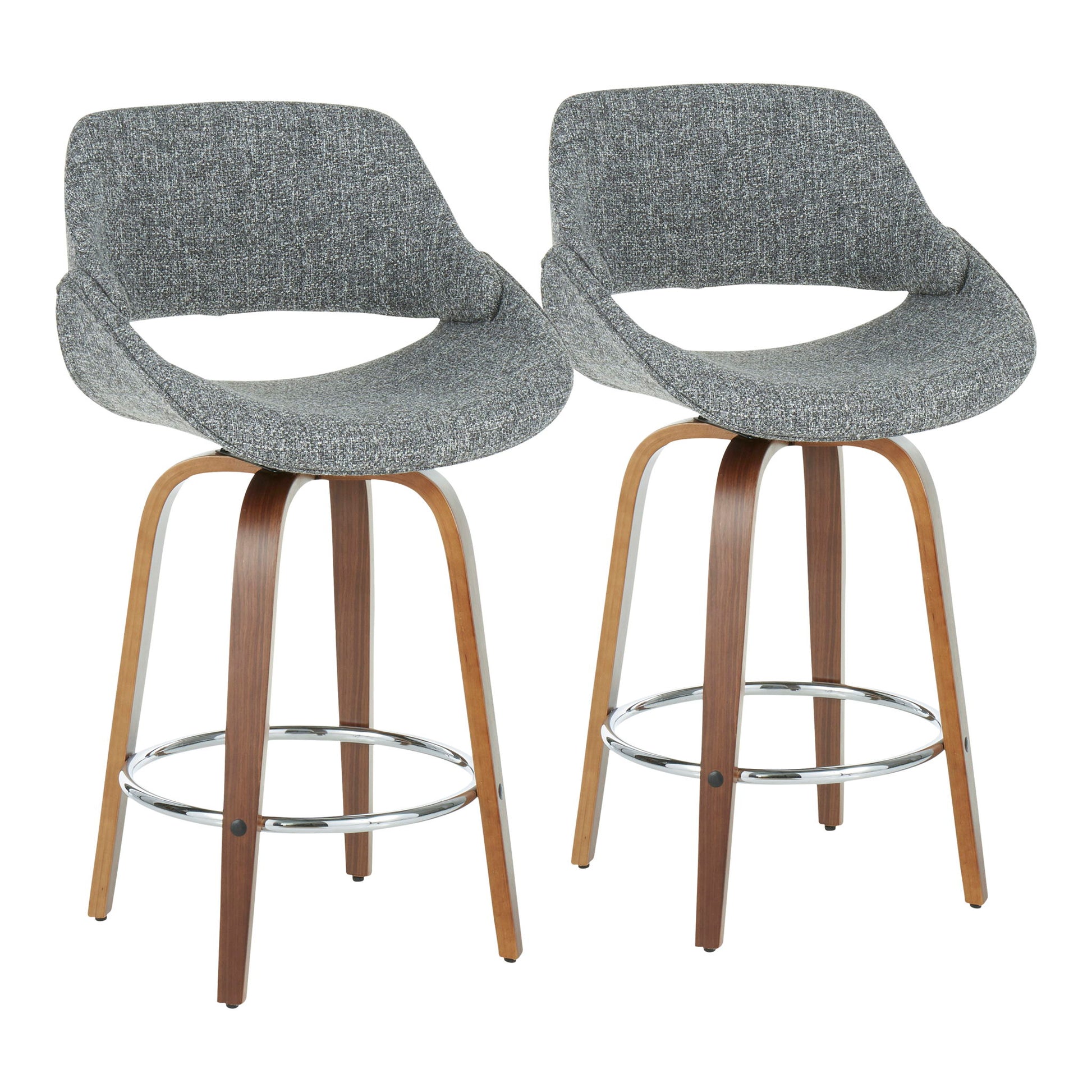 The Fabrico Mid Century Modern Counter Stool set includes two stools with curved gray fabric seats, wooden legs, and chrome footrests, shown side by side against a white background.