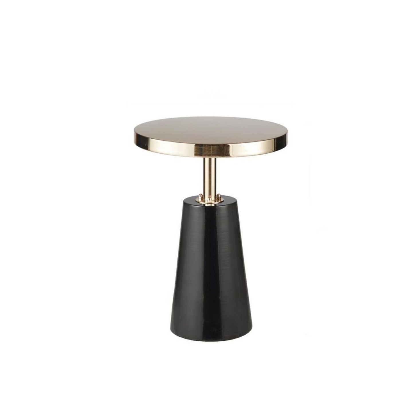 The Accent Table Elegant Design Metal Round - Black / Gold features a round gold-colored top, black tapered base, and a metallic support for a sleek, contemporary look.