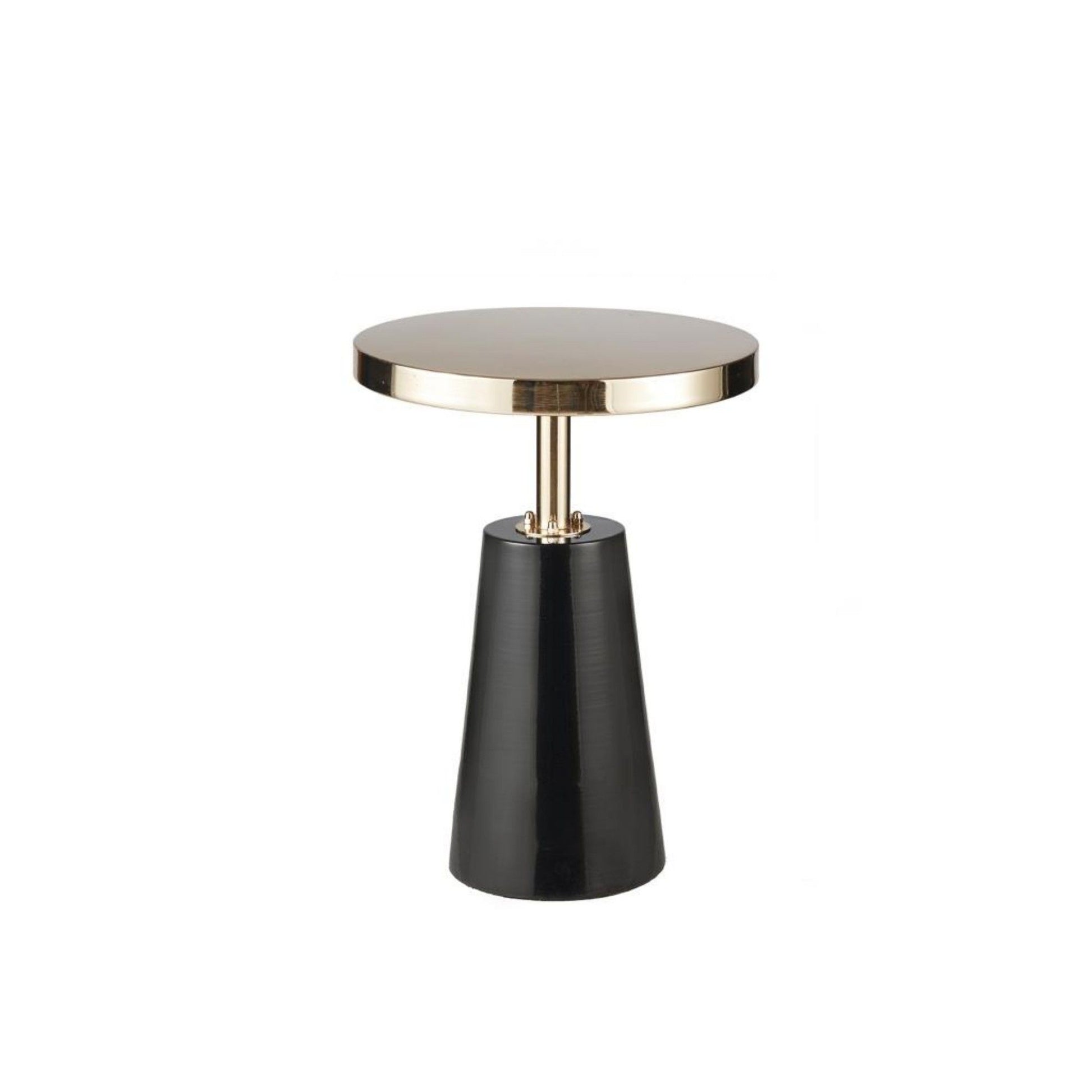 The Accent Table Elegant Design Metal Round - Black / Gold features a round gold-colored top, black tapered base, and a metallic support for a sleek, contemporary look.
