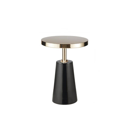 The Accent Table Elegant Design Metal Round - Black / Gold features a round gold-colored top, black tapered base, and a metallic support for a sleek, contemporary look.