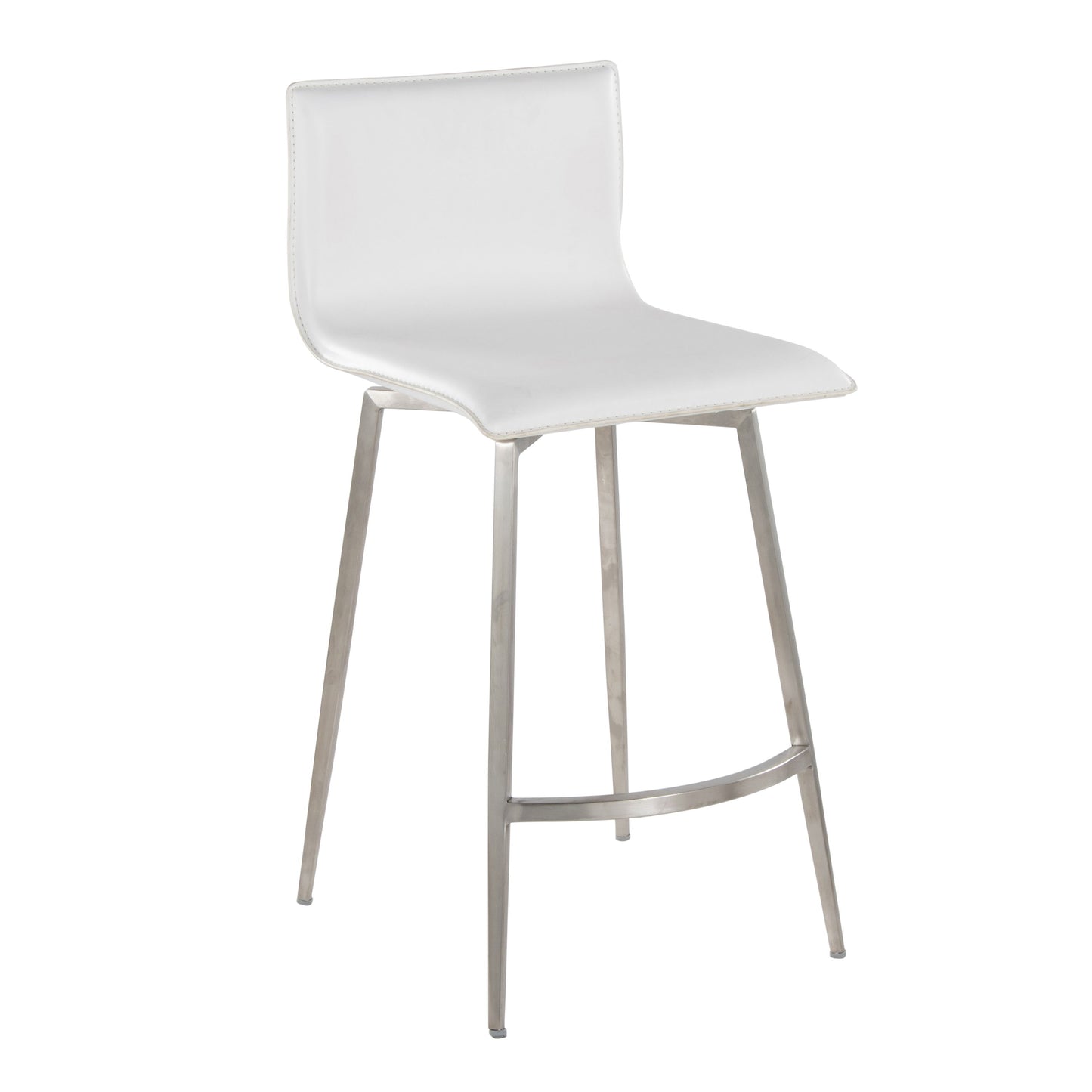 The Mara Upholstered Contemporary Fixed Height Counter Stool (Set of 2) in white features a cushioned seat and backrest, swivel design, sleek metal legs, and a footrest for modern style and comfort.