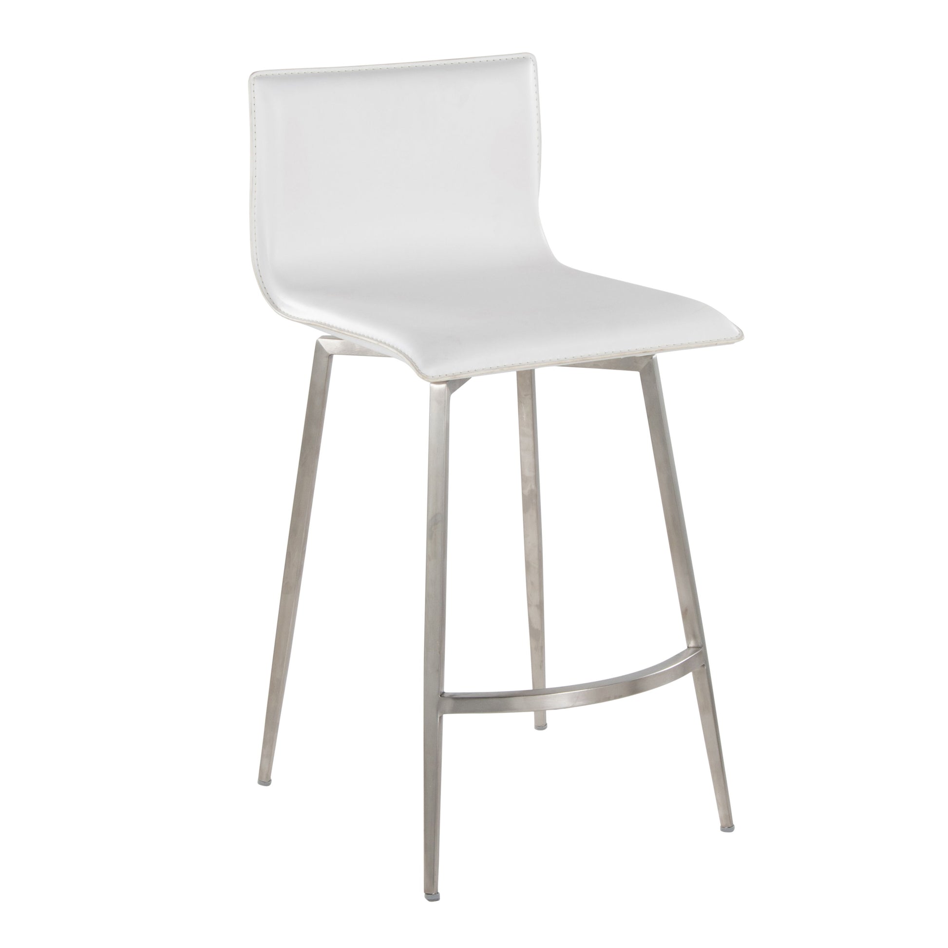 The Mara Upholstered Contemporary Fixed Height Counter Stool (Set of 2) in white features a cushioned seat and backrest, swivel design, sleek metal legs, and a footrest for modern style and comfort.