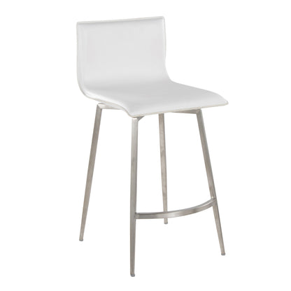 The Mara Upholstered Contemporary Fixed Height Counter Stool (Set of 2) in white features a cushioned seat and backrest, swivel design, sleek metal legs, and a footrest for modern style and comfort.