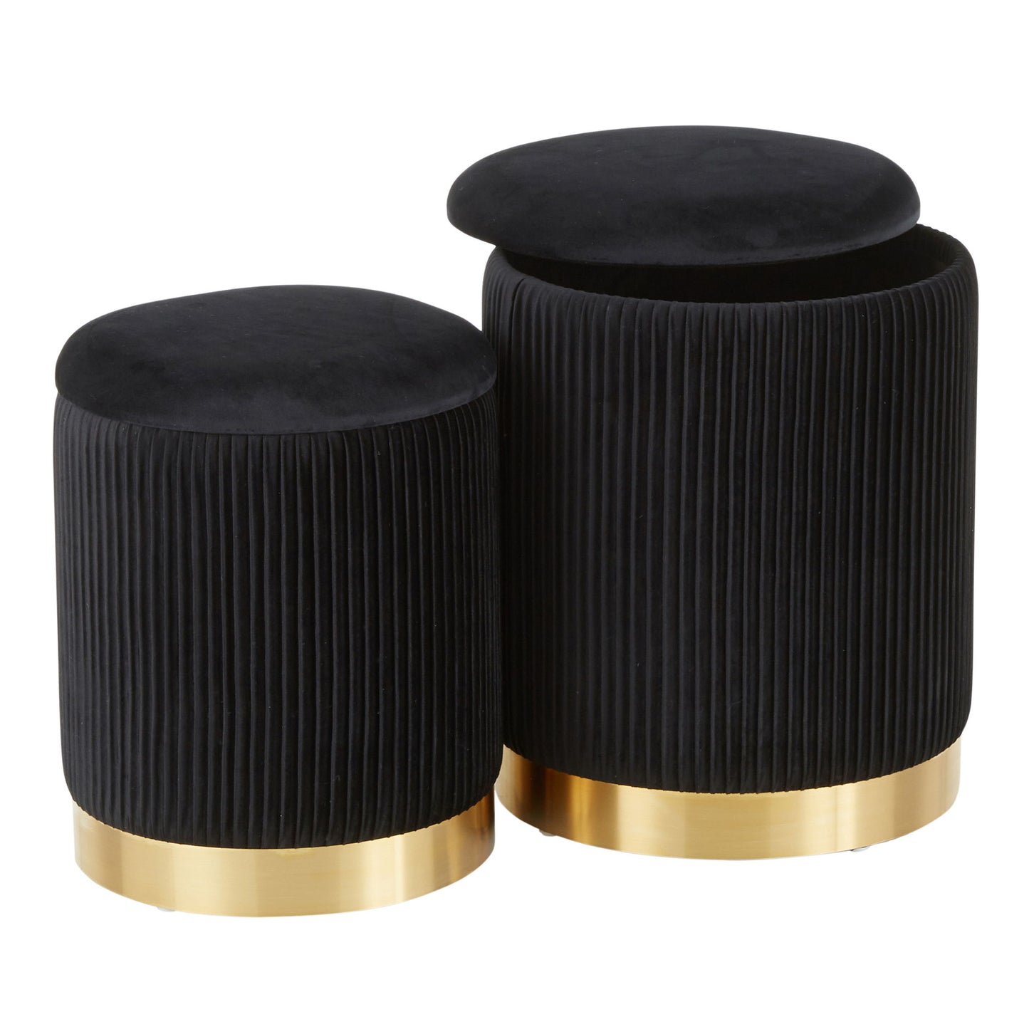 The Marla Contemporary Nesting Pleated Ottoman Set features two black, cylindrical ottomans with vertical pleats and gold bases; one has a cushioned lid that's slightly raised to reveal hidden storage inside.