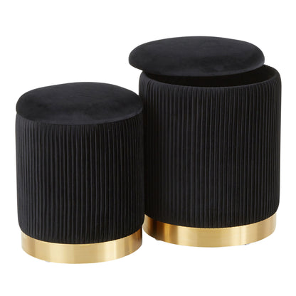 The Marla Contemporary Nesting Pleated Ottoman Set features two black, cylindrical ottomans with vertical pleats and gold bases; one has a cushioned lid that's slightly raised to reveal hidden storage inside.