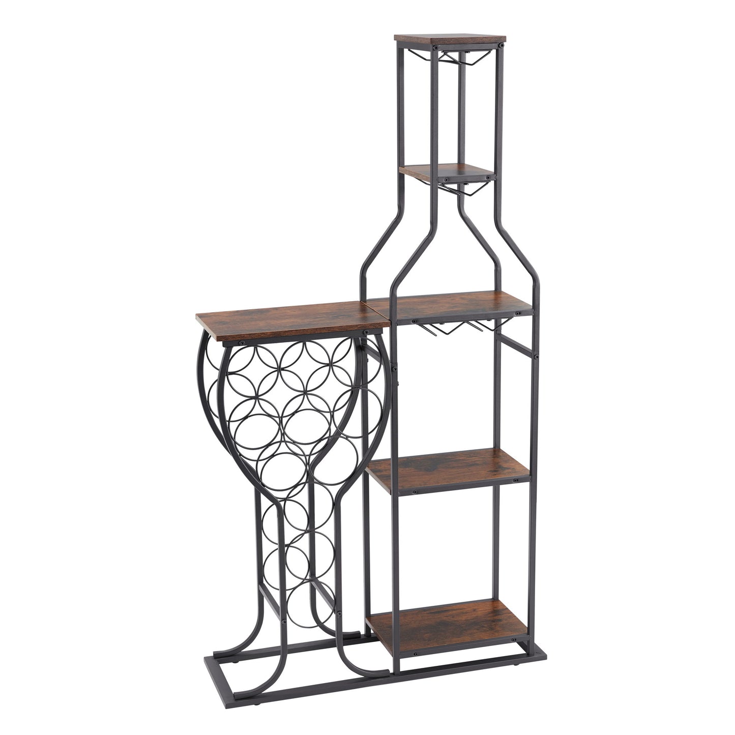 The 11 Bottle Wine Bakers Rack is a 5-tier freestanding wine rack with hanging glass holder, metal frame, brown wood shelves, and circular bottle holders—perfect for kitchen or dining room wine storage.
