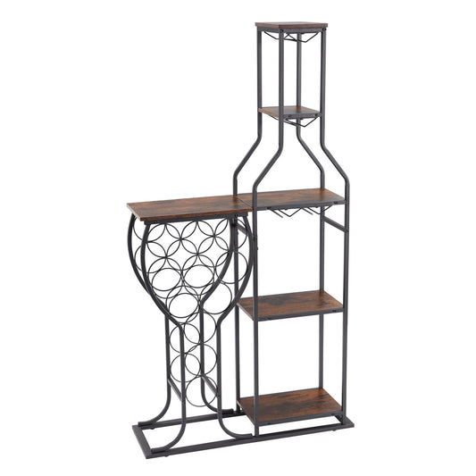 The 11 Bottle Wine Bakers Rack is a 5-tier freestanding wine rack with hanging glass holder, metal frame, brown wood shelves, and circular bottle holders—perfect for kitchen or dining room wine storage.