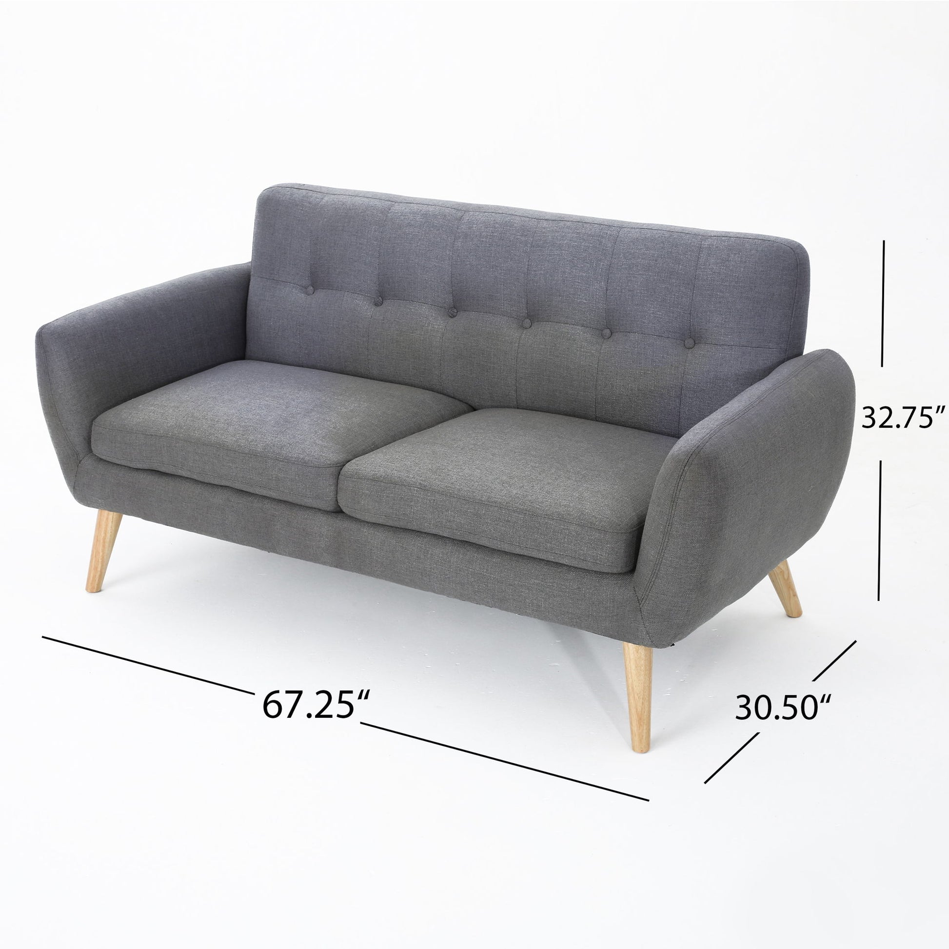 The Modern Loveseat Sofa With Button Tufted Backrest is upholstered in gray with wooden legs, button tufting on the backrest, and measures 67.25"W x 32.75"H x 30.50"D, shown against a white background.