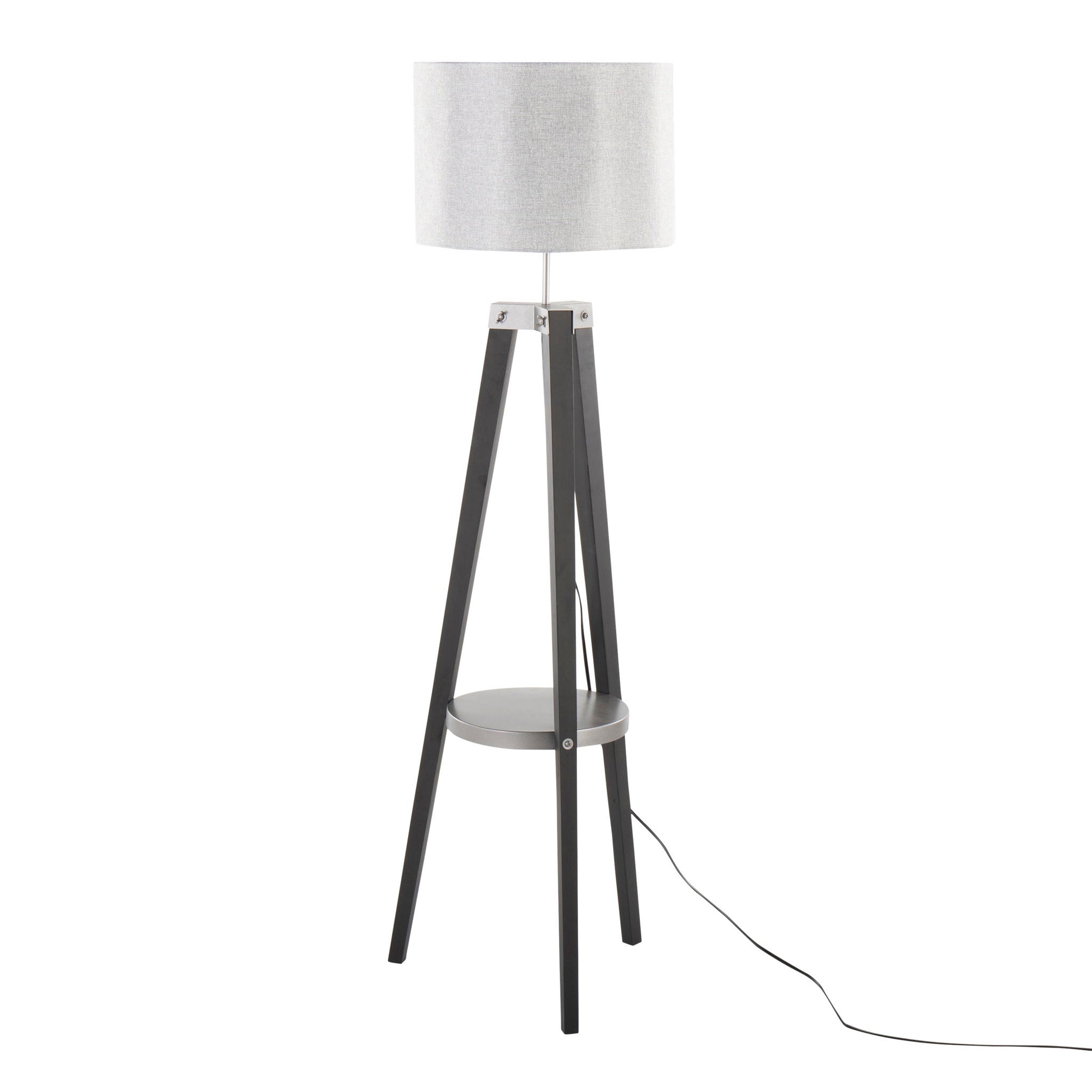 The Compass Mid Century Modern Floor Lamp features a gray fabric drum shade, three black tripod legs, a circular shelf mid-frame, and a black power cord extending from the base.