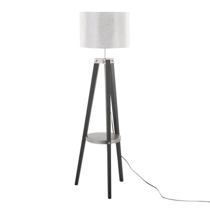 The Compass Mid Century Modern Floor Lamp features a gray fabric drum shade, three black tripod legs, a circular shelf mid-frame, and a black power cord extending from the base.