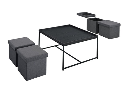The Vinny Wood Grain Coffee Table Set with raised edges features a modern black square table with a metal frame, complemented by four gray upholstered storage ottomans—two shown open to reveal interior storage.