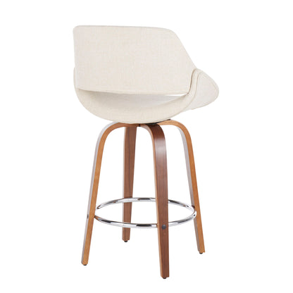 The Fabrico Mid Century Modern Counter Stool (Set of 2) features a curved, light beige upholstered backrest, wooden legs, and a circular chrome footrest, shown from the back.