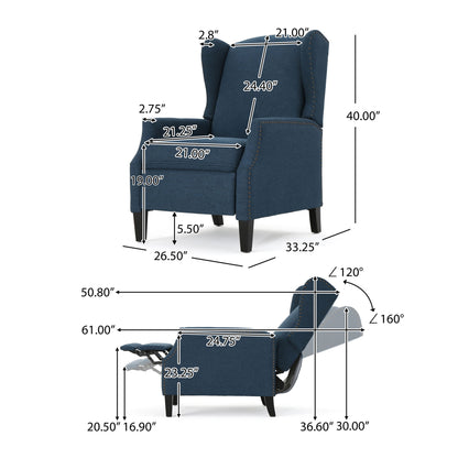 The Westeros Wing Back Fabric Upholstered Recliner is shown from front and side views, with detailed measurements labeled for height, width, seat depth, armrest height, and reclined length.