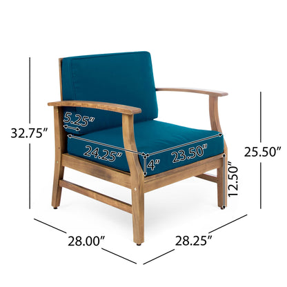 The Perla Contemporary Club Chair is shown with water-resistant teal cushions and labeled dimensions: height 32.75", seat 16.5"H, armrest 25.5"H, width 28.25", depth 28", seat depth 24.25", and seat width 23.5".