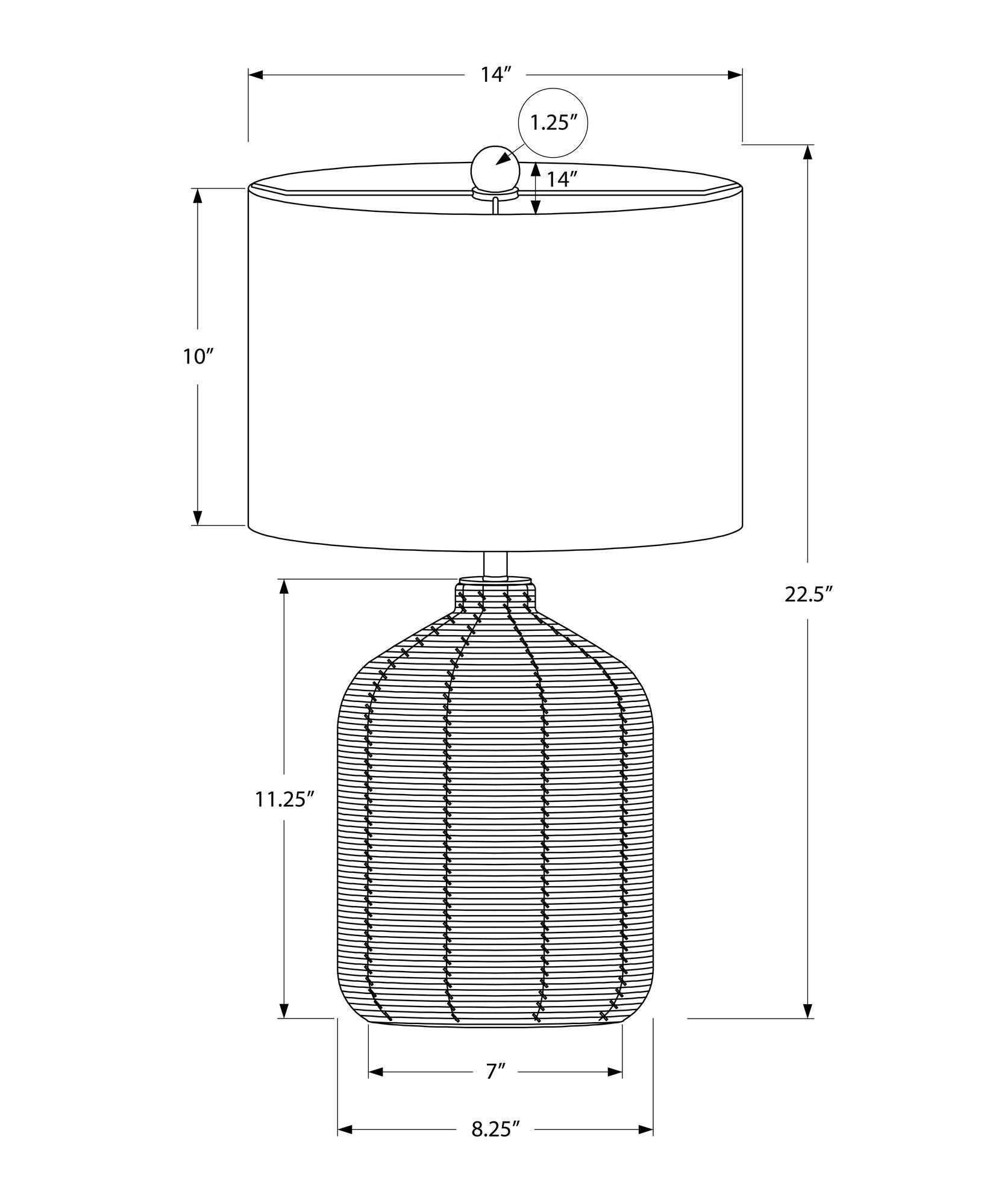 Line drawing of Lighting, Table Lamp, Rattan, Modern: total height 22.5", shade 10"H x 14"Dia, base 11.25"H x 8.25"W x 7"D, with a finial on top measuring 1.25" diameter.