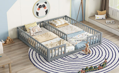 A children's bedroom featuring the Double Floor Bed With Fence, Guardrails, Without Door in gray, colorful bedding, a blue and white round rug with toys, a window seat with cushions, and panda artwork on the wall.