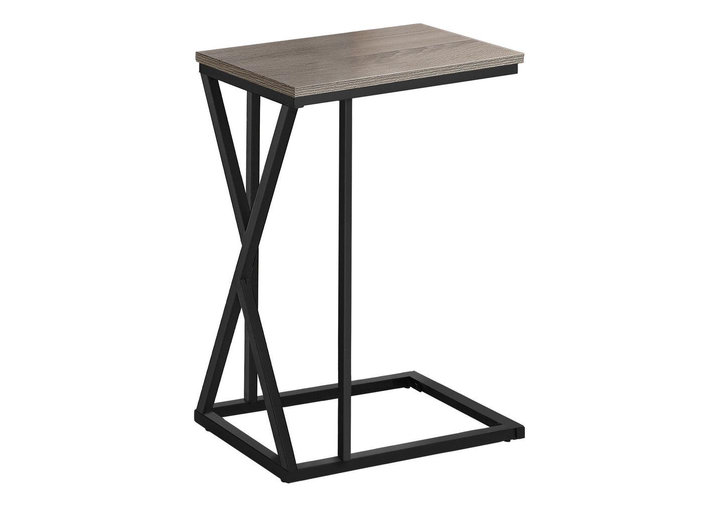 The Accent Table C - Shaped features a contemporary rectangular wooden top and a black metal frame with an open geometric design. Its flat base lets you easily slide it under furniture for flexible use in modern spaces.
