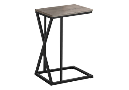 The Accent Table C - Shaped features a contemporary rectangular wooden top and a black metal frame with an open geometric design. Its flat base lets you easily slide it under furniture for flexible use in modern spaces.