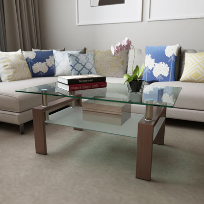 A modern living room features the Rectangle Coffee Table, Modern Side Center Tables For Furniture, displaying books, a small box, and a potted orchid, surrounded by an L-shaped sofa with blue, white, and yellow patterned cushions.