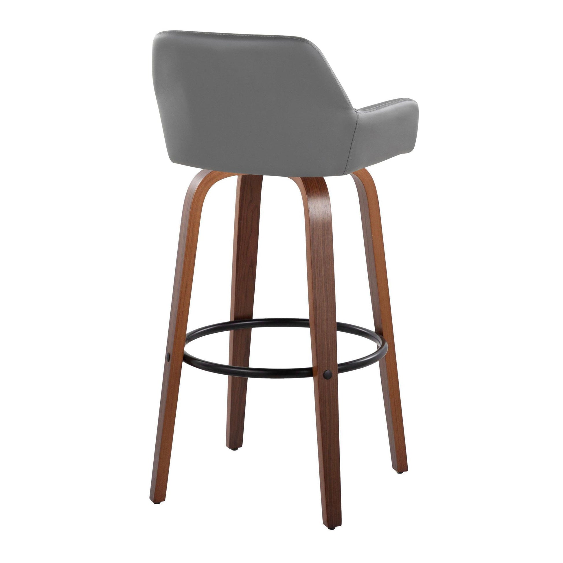 The Daniella barstool set features a contemporary design with gray cushioned seat and backrest, curved wooden legs, and a black swivel round footrest. Fixed height. Set of 2. Minimalist and modern style.
