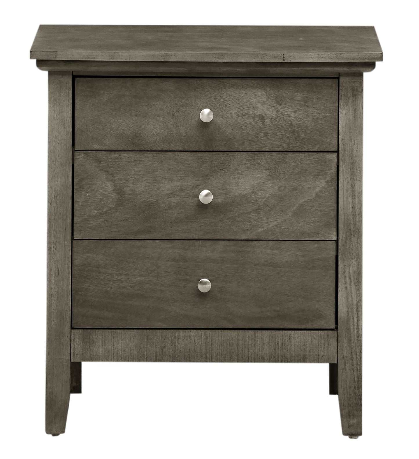 The Hammond 3 Drawer Nightstand features a gray wooden finish, three drawers with round silver knobs, and simple straight legs.