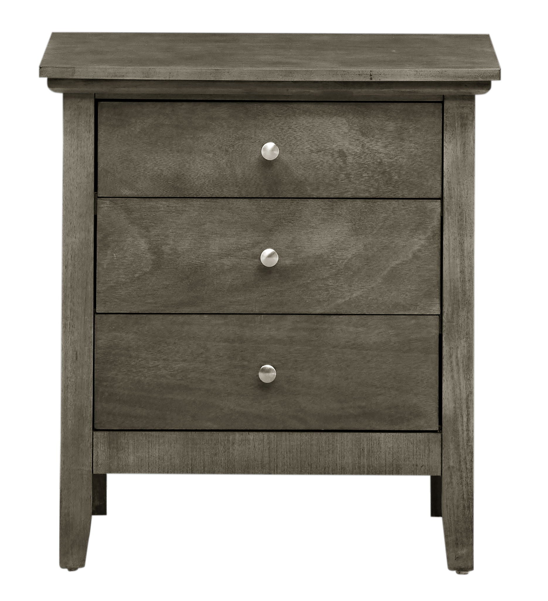 The Hammond 3 Drawer Nightstand features a gray wooden finish, three drawers with round silver knobs, and simple straight legs.