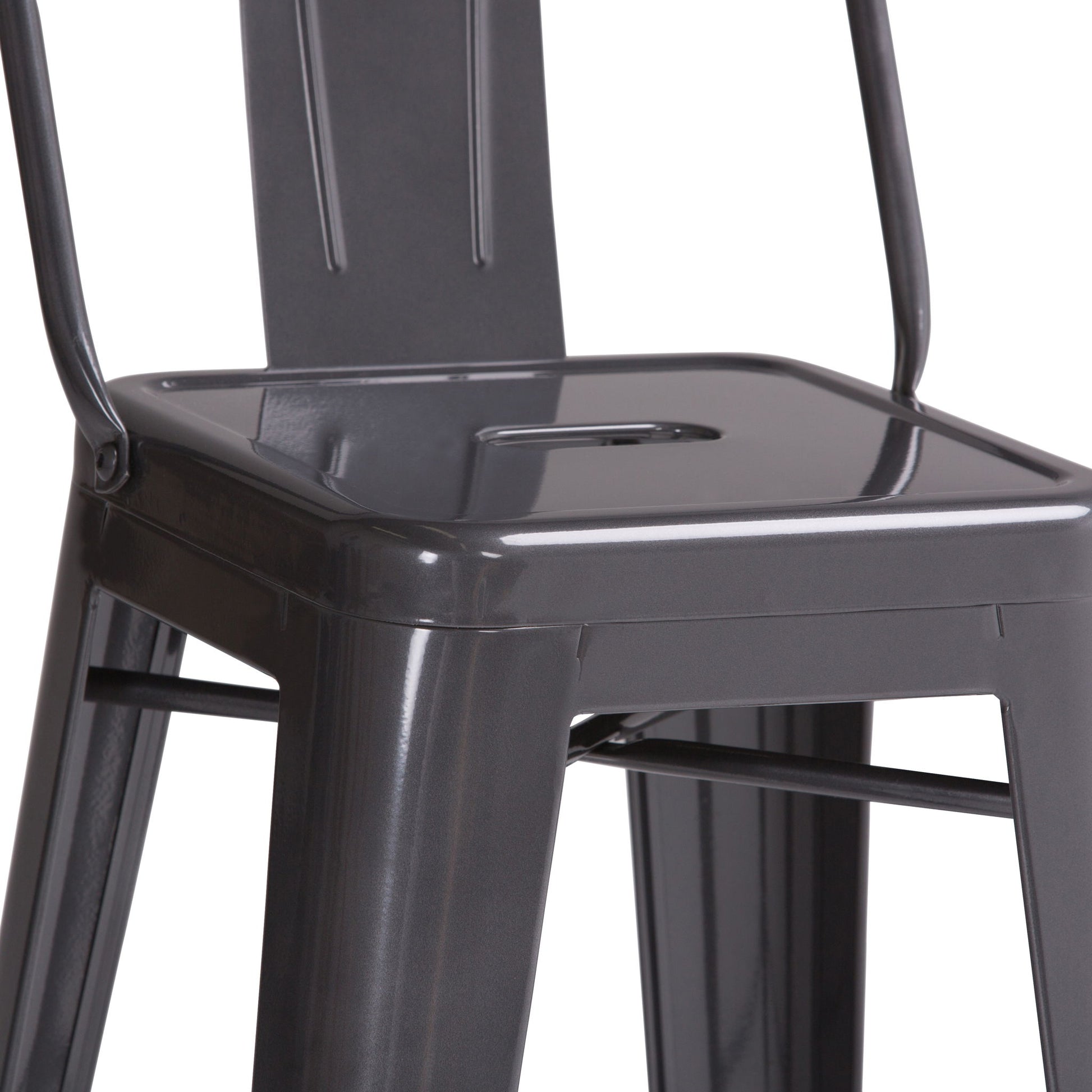 Close-up of the Rayne - Curved Back Metal Stool (Set of 2), showcasing a modern industrial design with a glossy dark gray finish, square seat, straight legs, curved backrest, and support bars.