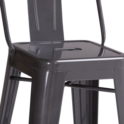 Close-up of the Rayne - Curved Back Metal Stool (Set of 2), showcasing a modern industrial design with a glossy dark gray finish, square seat, straight legs, curved backrest, and support bars.