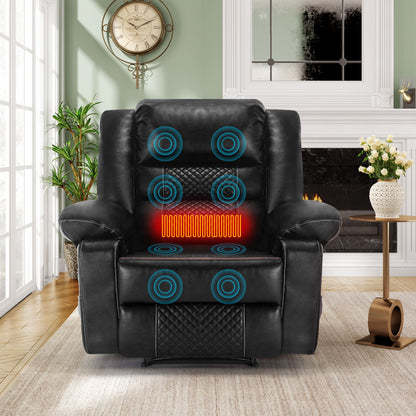The Breathable Leather Massage Recliner Manual Chair, with built-in massage and heating features shown by blue circles and a red heat icon, sits stylishly in a bright living room decorated with a fireplace and elegant accents.