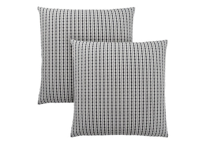 Two square decorative throw pillows with inserts, featuring a black, white, and gray checkered pattern, are placed overlapping each other on a white background. These hypoallergenic pillows add style to any space.