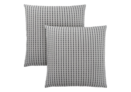 Two square decorative throw pillows with inserts, featuring a black, white, and gray checkered pattern, are placed overlapping each other on a white background. These hypoallergenic pillows add style to any space.