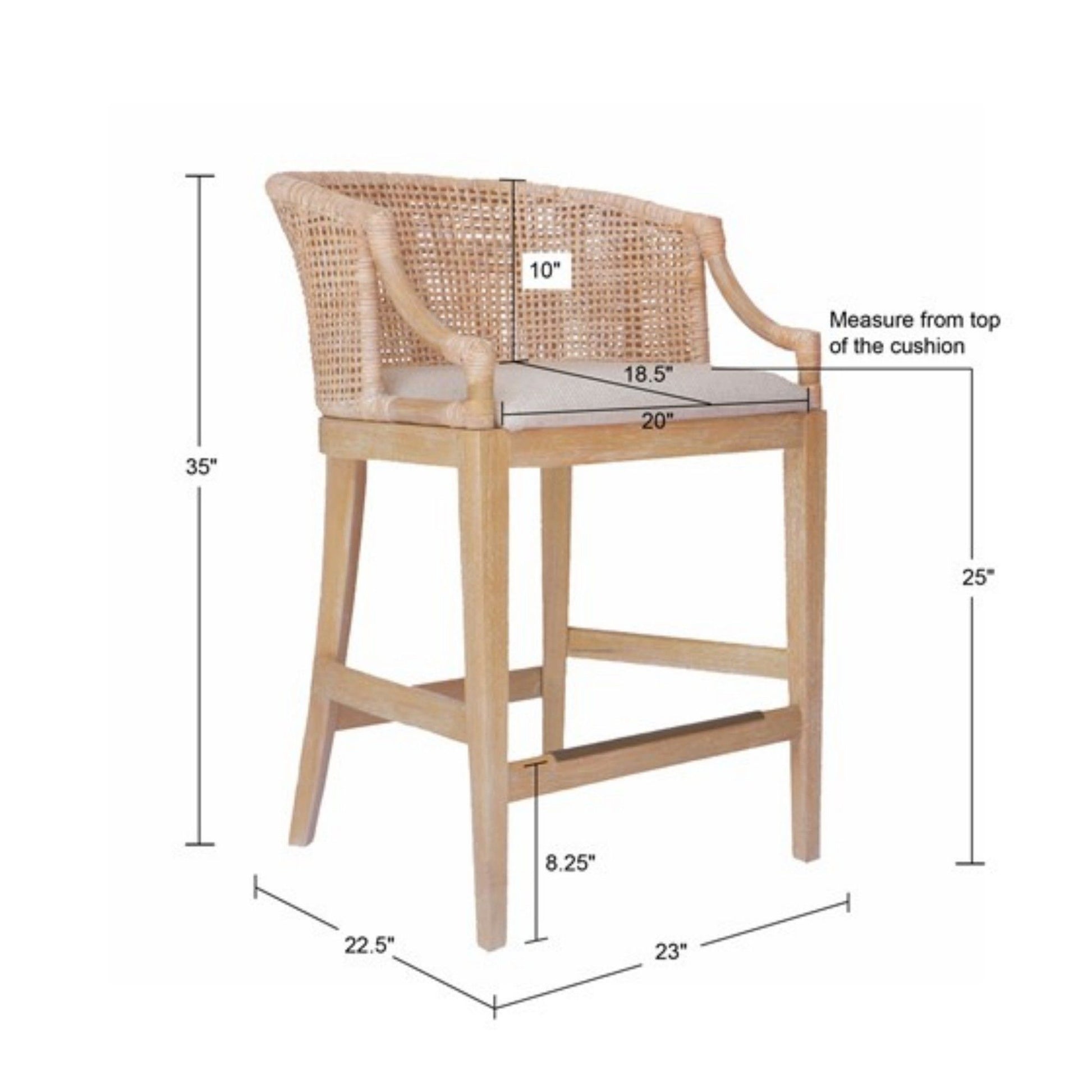 The Casual Handcrafted Rattan Counter Stool features a wooden frame, woven rattan back, cushioned seat, and measures 35"H overall, 25" seat height, 23"W x 22.5"D, footrest at 8.25"H, seat at 20"W x 18.5"D, and back at 10"H.